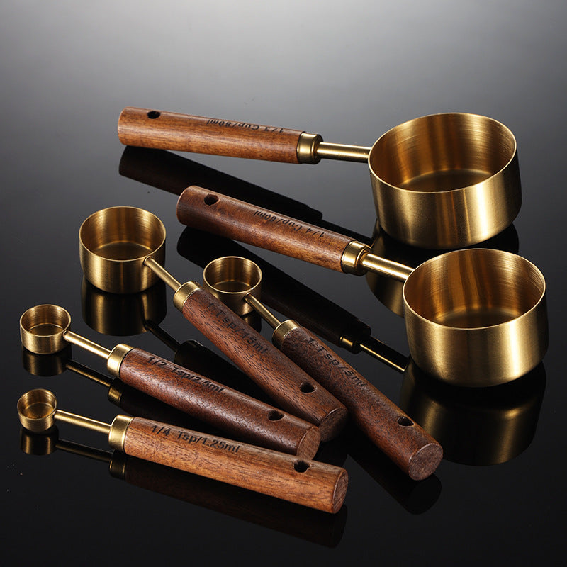 8pcs Stainless Steel Measuring Cup And Spoon Set with an Acacia Wooden Handle, Durable Kitchen Baking Tools, Including Spice Spoon And Coffee Spoon, Nested Design for Easy Storage