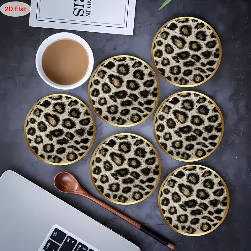 6pcs Wood Leopard Print Coasters Suitable for Home Decor, Cafes, Offices - Wood Table Protectors with Leopard, Hand Washable Round Suitable for Christmas Gifts, for Home Gatherings, for Table Setting, 2D Flat