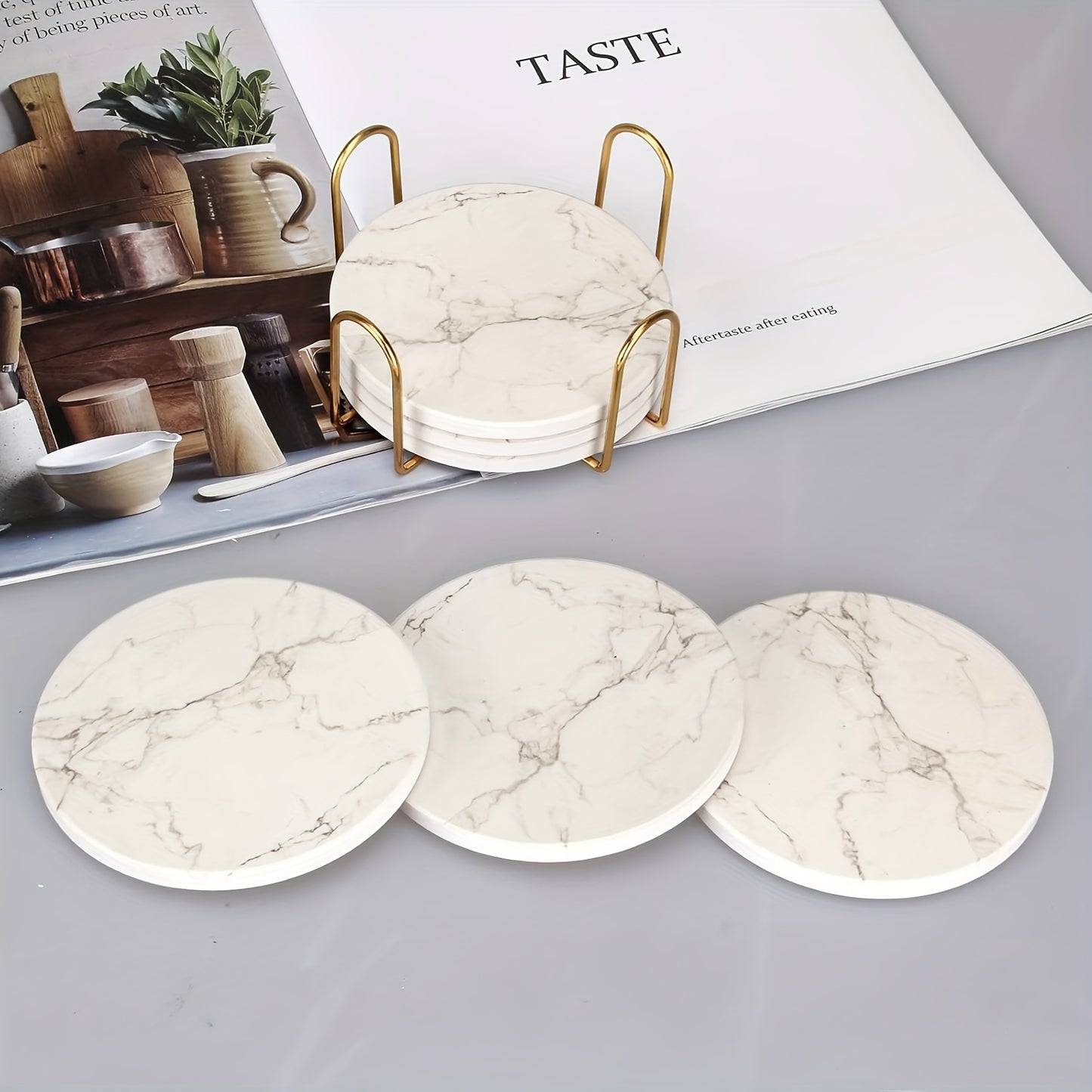 6pcs Set of Ceramic Coasters with Water Absorption And Non-Slip Function - Designed with White Marble Stripes And Equipped with a Golden Base - Very Suitable for Enhancing The Decoration of Homes, Restaurants, And Bars