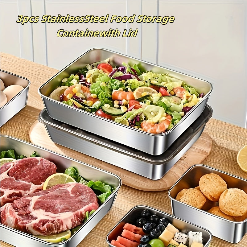 3pcs Stainless Steel Food Storage Containers Leak-Proof Reusable, Fruits Meats Veggies  , Fridge & Freezer