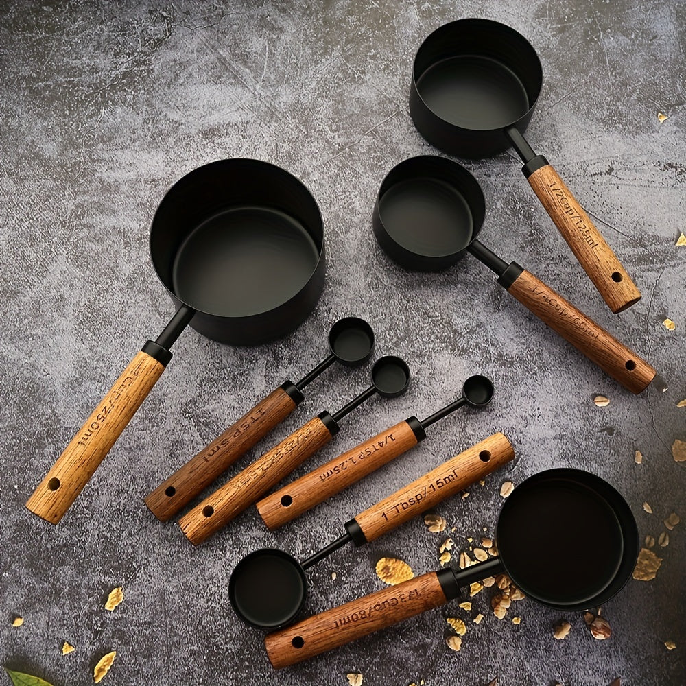 4/8pcs Acacia Wood Handle Measuring Cup and Spoon Set - Black Finish Kitchen Baking Tools and Accessories