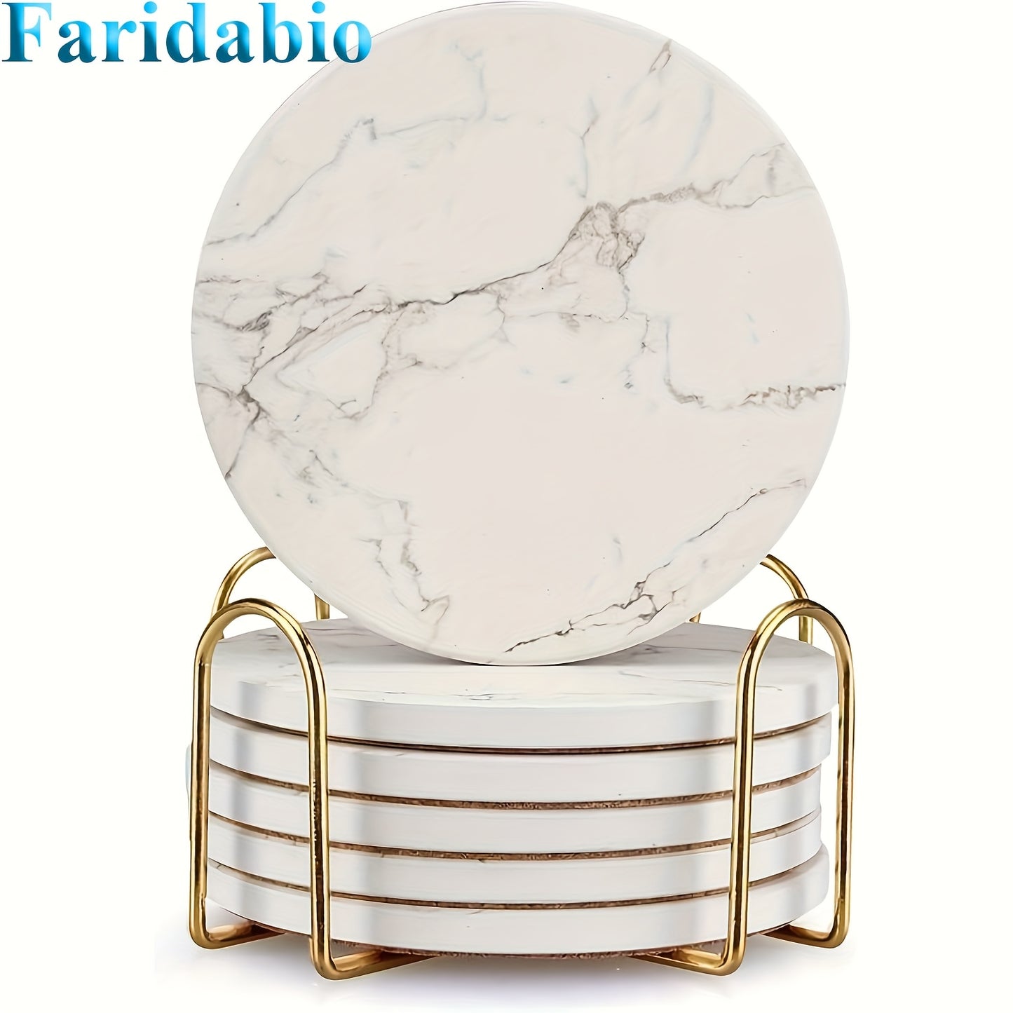 6pcs Set of Ceramic Coasters with Water Absorption And Non-Slip Function - Designed with White Marble Stripes And Equipped with a Golden Base - Very Suitable for Enhancing The Decoration of Homes, Restaurants, And Bars