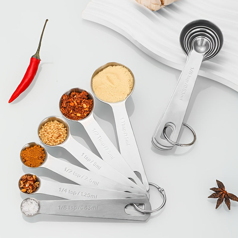 6pcs Stainless Steel Measuring Spoons, High-Quality Durable Stackable Kitchen Utensils Set for Liquids, Solids, and Powders with Portable Hooks, Easy-to-Read Ounce and Milliliter Measurements, Essential Cooking Tools and Accessories for Home Use, Perfect
