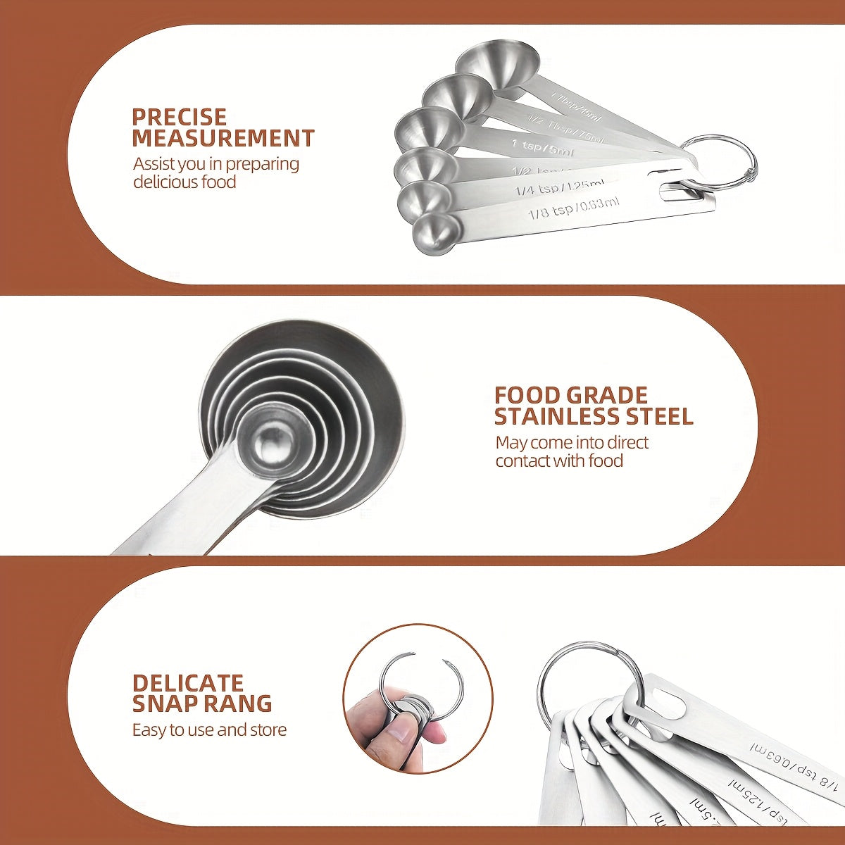 A 6pcs Stainless Steel Measuring Spoon Set, Suitable for Both Dry And Wet Ingredients, Featuring Metric And Imperial Markings, Stackable Kitchen Tools for Liquids, Solids, And Powders, with a Portable Hook - Baking Additions, Cooking Tools