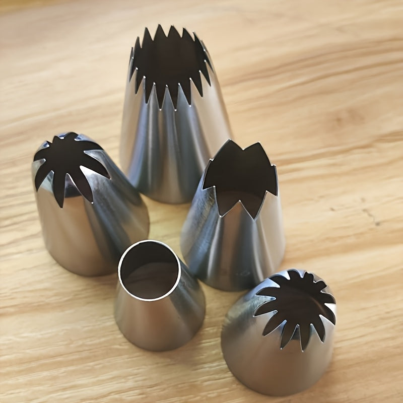 5pcs/Set Large Flower Mouth Stainless Steel Set of 5 Flowering Mouth Combination Cake Biscuit Cream Baking Decoration Tools Suitable for Cupcakes, Cakes and , Essential Baking Tool for Home Chefs