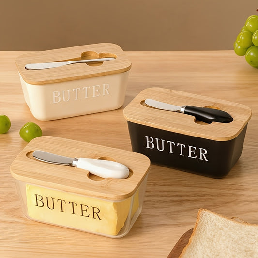Rectangular Plastic Butter Dish with Wooden Lid, Stainless Steel Butter Knife, Bamboo Lid, and Silicone Sealing Ring. Suitable for Countertops and Refrigerators. Plastic Butter Container with Butter Knife. Smooth Interior for Easy Cleaning