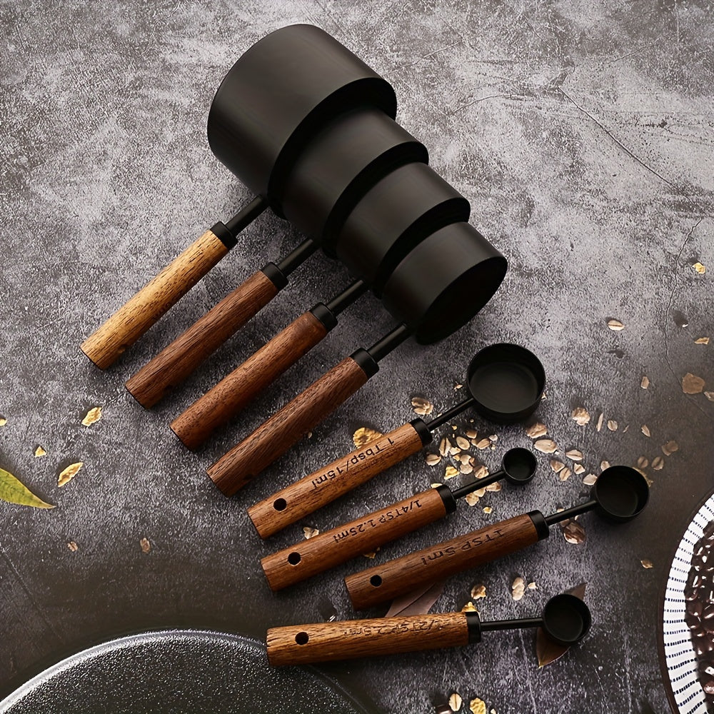 4/8pcs Acacia Wood Handle Measuring Cup and Spoon Set - Black Finish Kitchen Baking Tools and Accessories