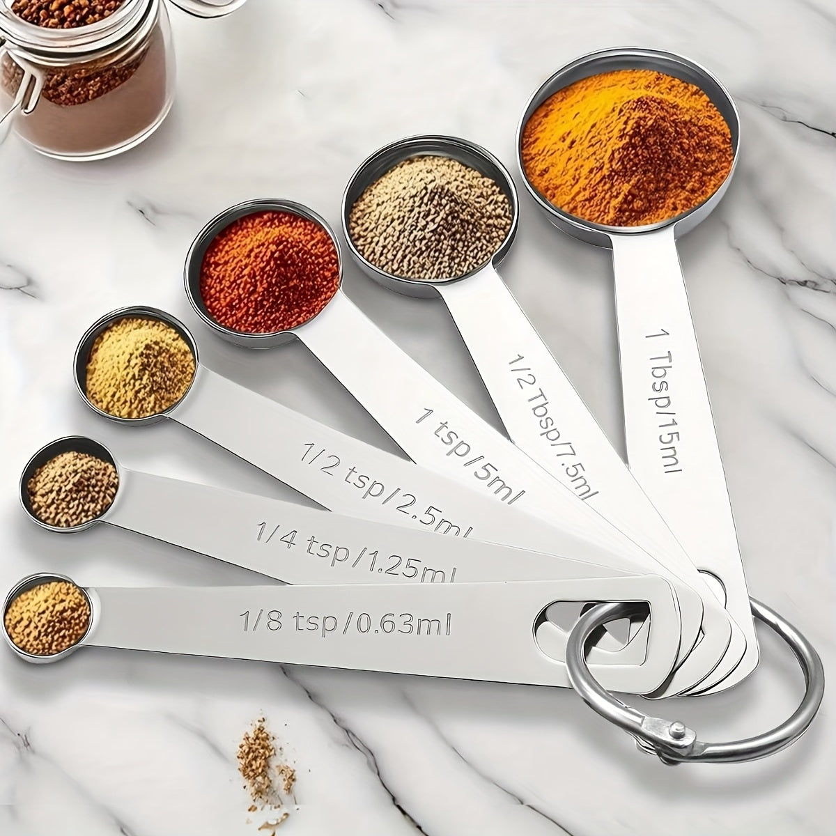 A 6pcs Stainless Steel Measuring Spoon Set, Suitable for Both Dry And Wet Ingredients, Featuring Metric And Imperial Markings, Stackable Kitchen Tools for Liquids, Solids, And Powders, with a Portable Hook - Baking Additions, Cooking Tools