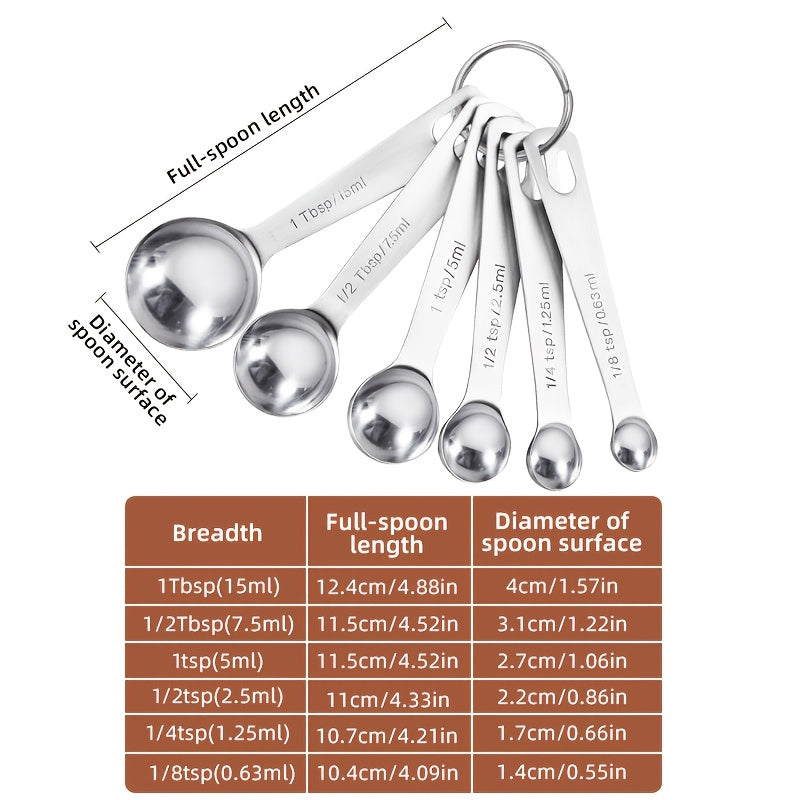 6pcs Stainless Steel Measuring Spoons, High-Quality Durable Stackable Kitchen Utensils Set for Liquids, Solids, and Powders with Portable Hooks, Easy-to-Read Ounce and Milliliter Measurements, Essential Cooking Tools and Accessories for Home Use, Perfect