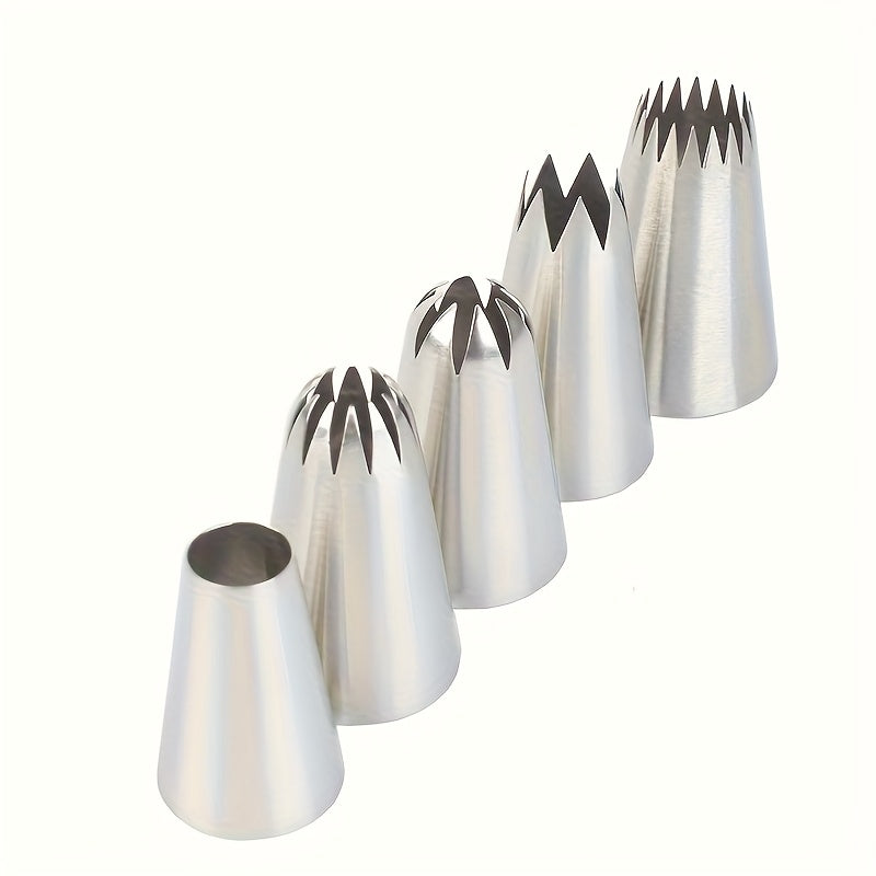 5pcs/Set Large Flower Mouth Stainless Steel Set of 5 Flowering Mouth Combination Cake Biscuit Cream Baking Decoration Tools Suitable for Cupcakes, Cakes and , Essential Baking Tool for Home Chefs
