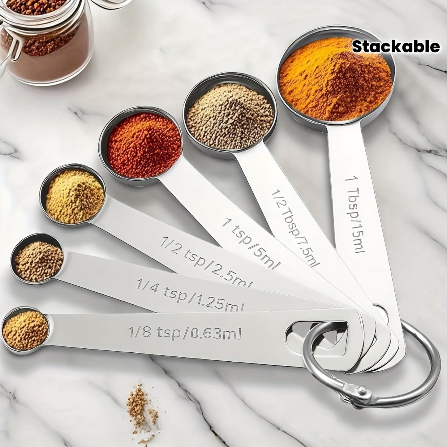 A 6pcs Stainless Steel Measuring Spoon Set, Suitable for Both Dry And Wet Ingredients, Featuring Metric And Imperial Markings, Stackable Kitchen Tools for Liquids, Solids, And Powders, with a Portable Hook - Baking Additions, Cooking Tools