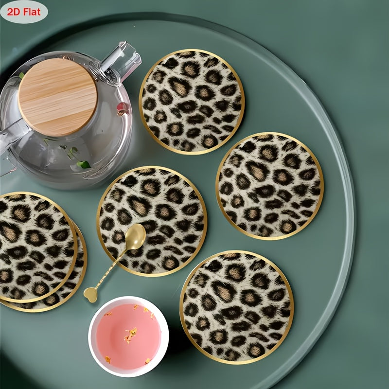 6pcs Wood Leopard Print Coasters Suitable for Home Decor, Cafes, Offices - Wood Table Protectors with Leopard, Hand Washable Round Suitable for Christmas Gifts, for Home Gatherings, for Table Setting, 2D Flat