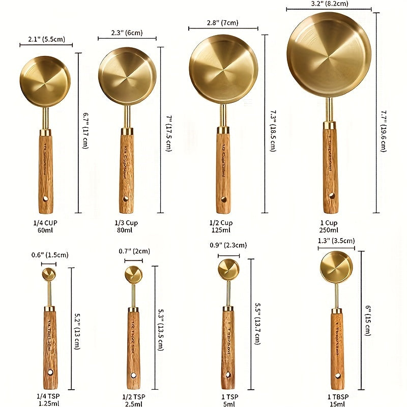 8pcs Stainless Steel Measuring Cup And Spoon Set with an Acacia Wooden Handle, Durable Kitchen Baking Tools, Including Spice Spoon And Coffee Spoon, Nested Design for Easy Storage