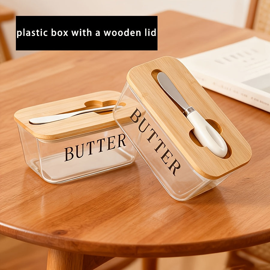Rectangular Plastic Butter Dish with Wooden Lid, Stainless Steel Butter Knife, Bamboo Lid, and Silicone Sealing Ring. Suitable for Countertops and Refrigerators. Plastic Butter Container with Butter Knife. Smooth Interior for Easy Cleaning